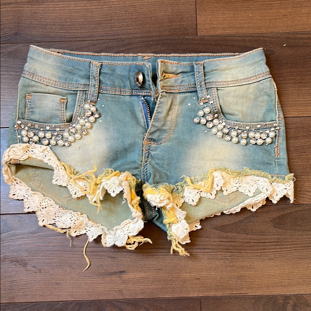 Embellished Denim Shorts with Lace Trim